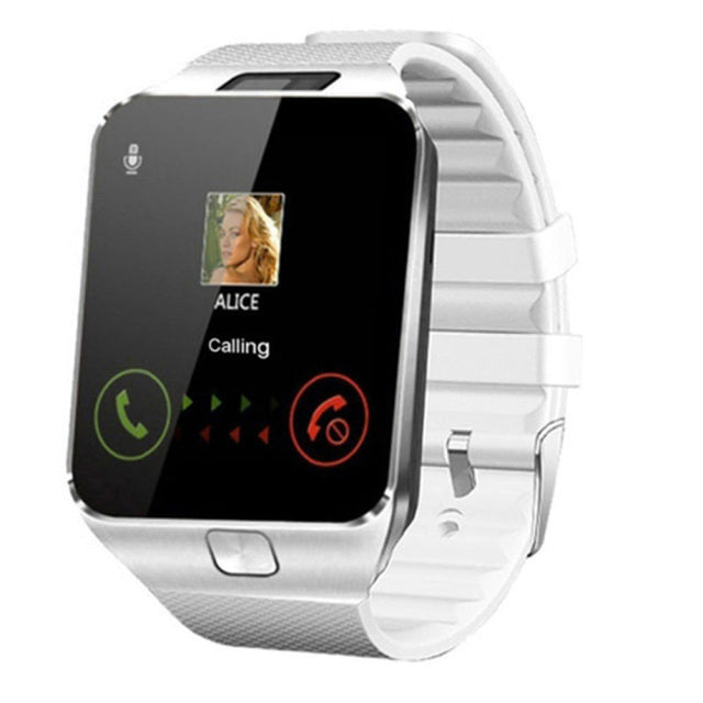 Elegant smartwatch med SIM-kortplads, sort, rundt display, fitness-tracker, flersprogede funktioner, robust design.