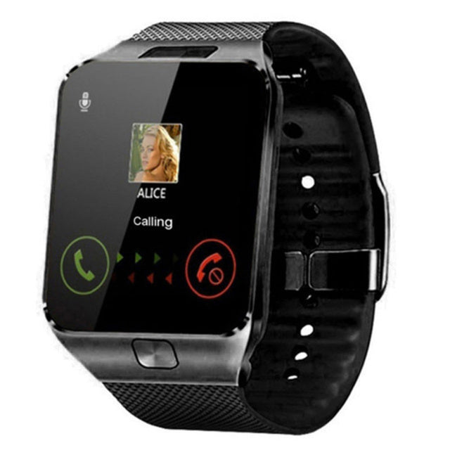 Elegant smartwatch med SIM-kortplads, sort, rundt display, fitness-tracker, flersprogede funktioner, robust design.