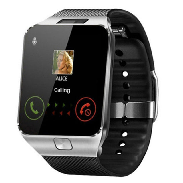 Elegant smartwatch med SIM-kortplads, sort, rundt display, fitness-tracker, flersprogede funktioner, robust design.