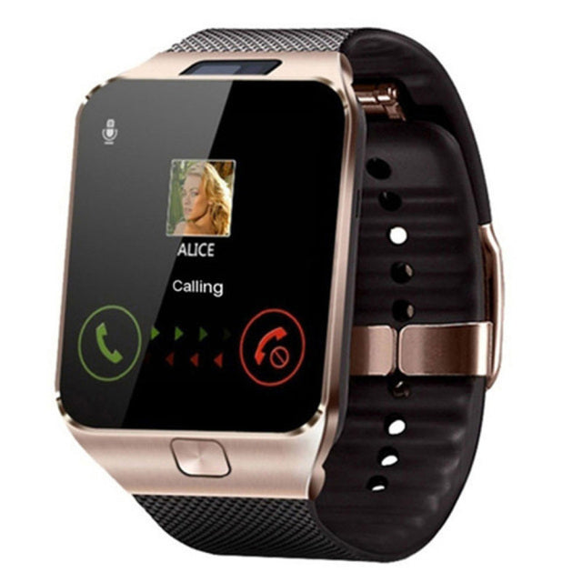 Elegant smartwatch med SIM-kortplads, sort, rundt display, fitness-tracker, flersprogede funktioner, robust design.