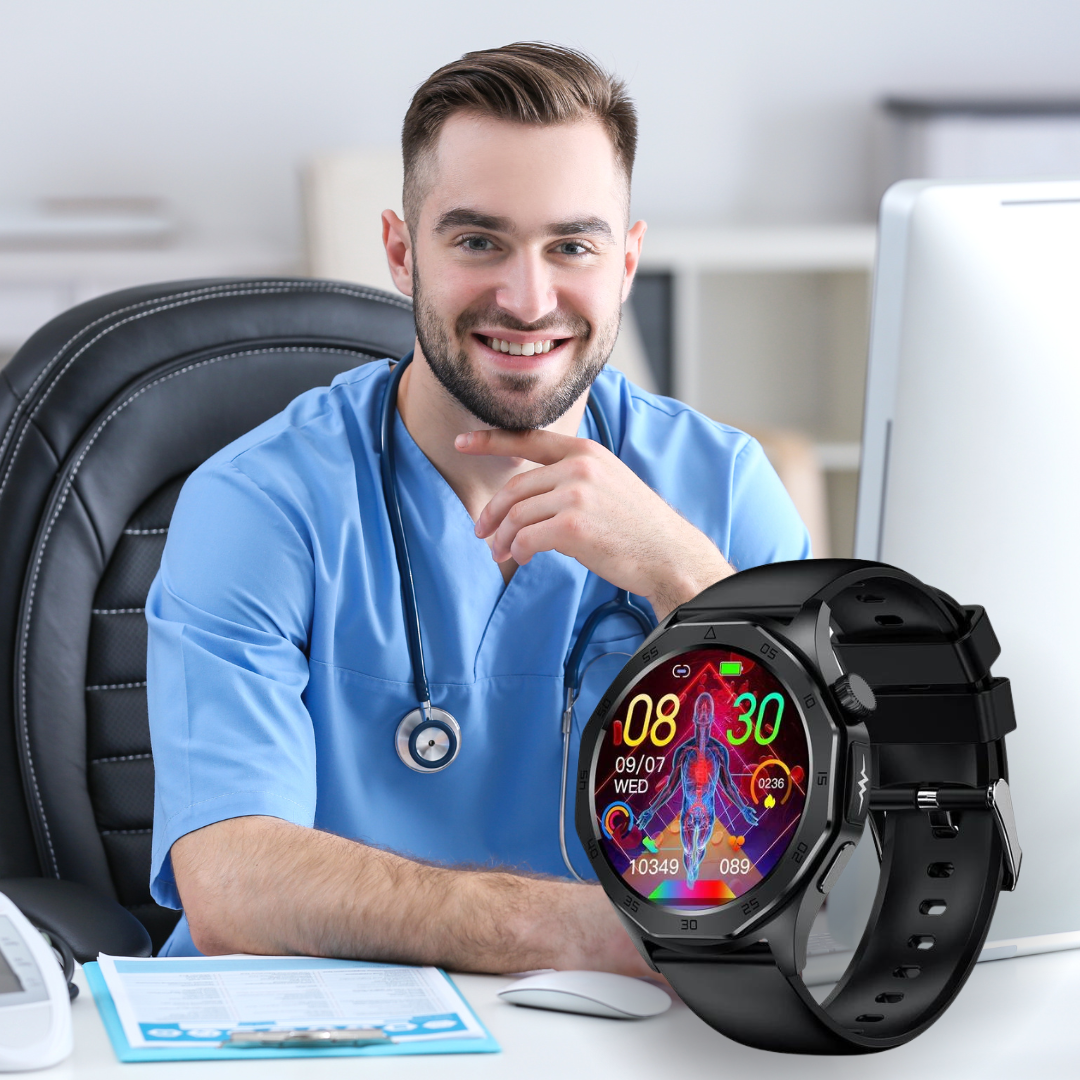 Elegant smartwatch med SOS, blodsukkermåling, vandtæt, justerbare remme, 1.43'' HD-skærm, lang batterilevetid.