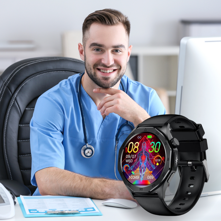Elegant smartwatch med SOS, blodsukkermåling, vandtæt, justerbare remme, 1.43'' HD-skærm, lang batterilevetid.