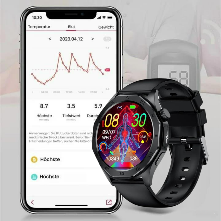 Elegant smartwatch med SOS, blodsukkermåling, vandtæt, justerbare remme, 1.43'' HD-skærm, lang batterilevetid.