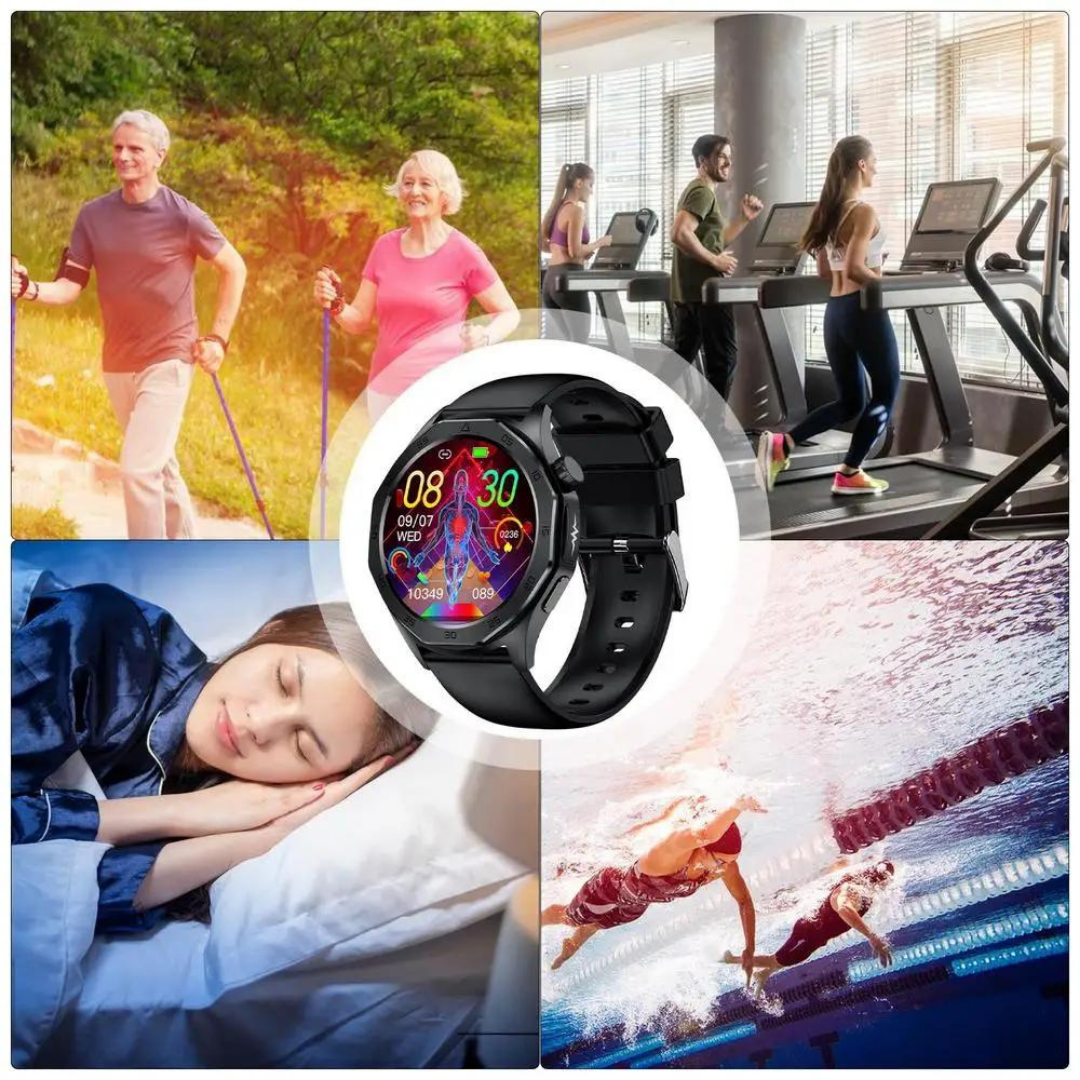 Elegant smartwatch med SOS, blodsukkermåling, vandtæt, justerbare remme, 1.43'' HD-skærm, lang batterilevetid.