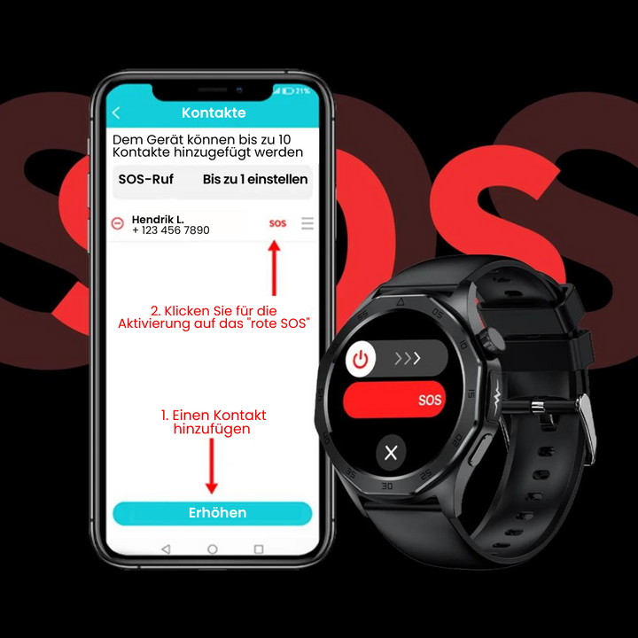 Elegant smartwatch med SOS, blodsukkermåling, vandtæt, justerbare remme, 1.43'' HD-skærm, lang batterilevetid.