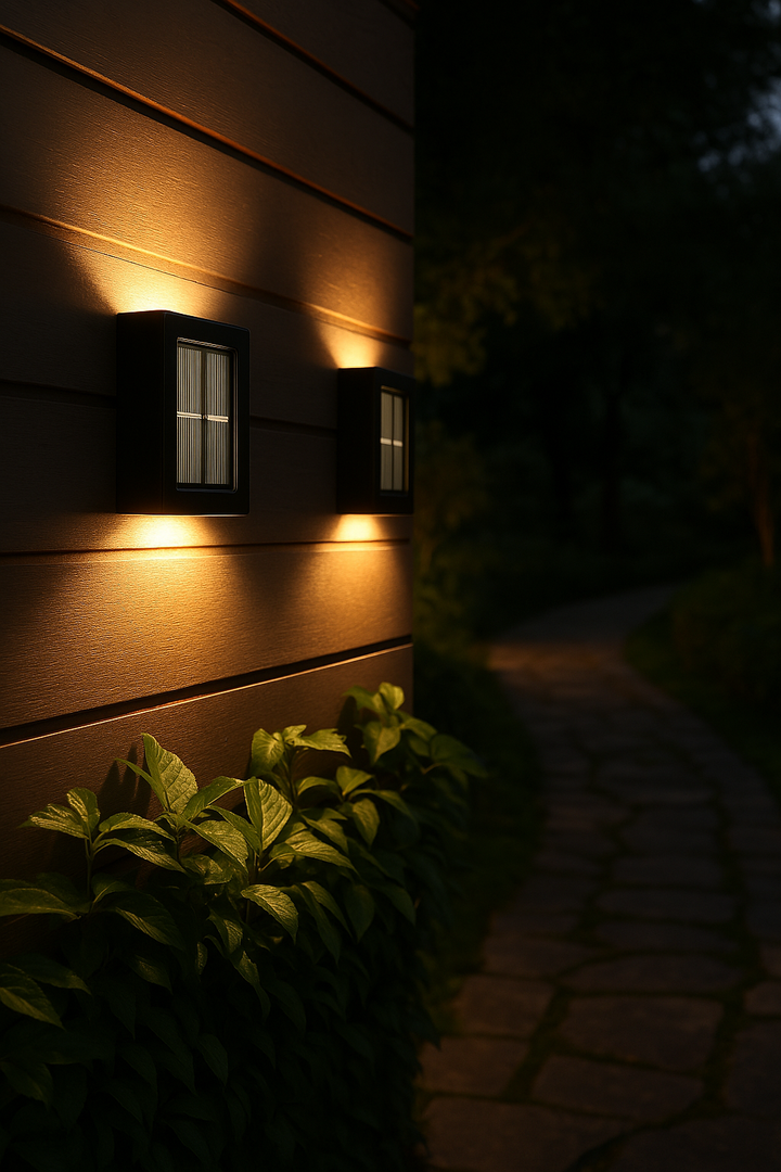 Elegant soldrevet LED-væglampe med varmhvidt lys, vejrbestandig til terrasse og havebelysning.