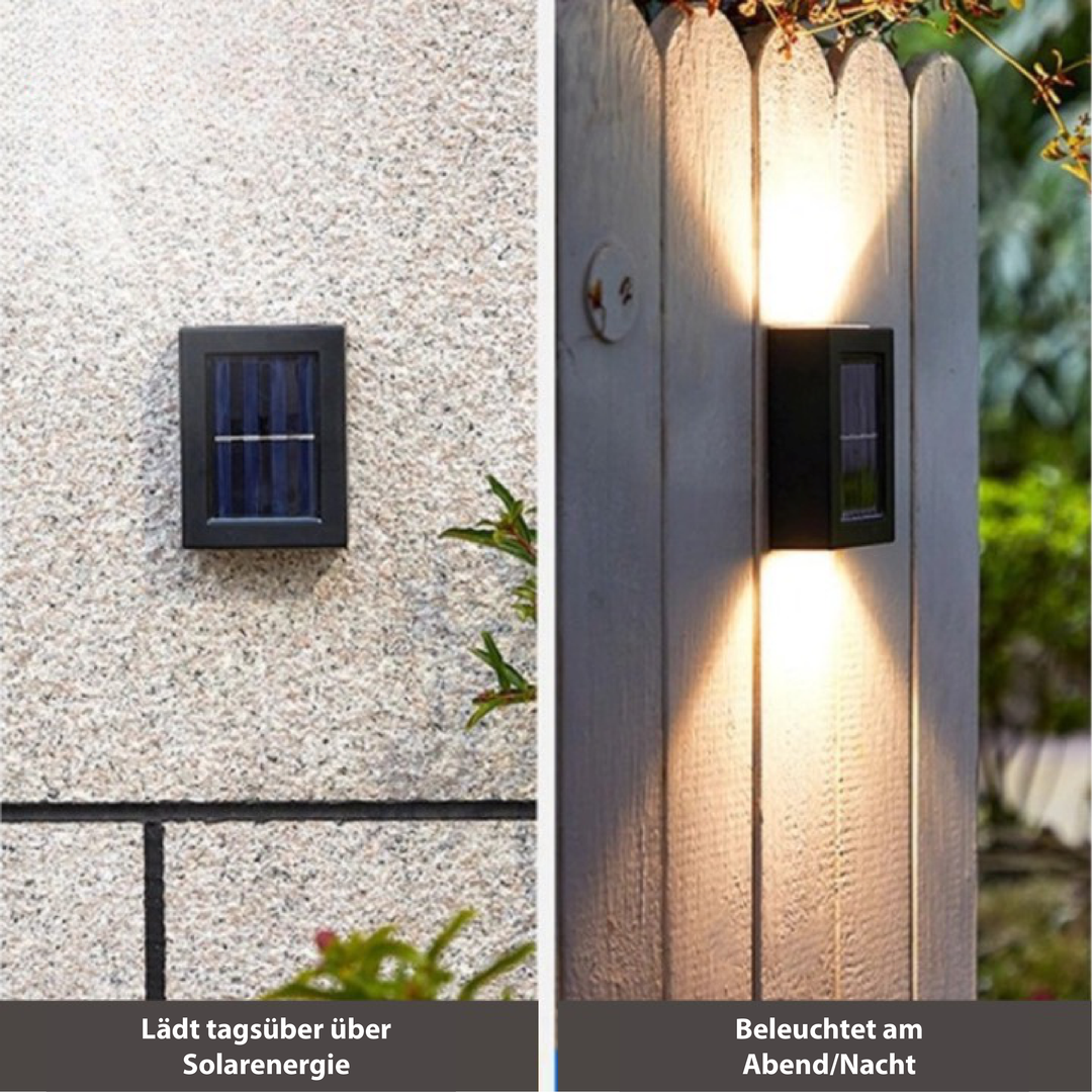 Elegant soldrevet LED-væglampe med varmhvidt lys, vejrbestandig til terrasse og havebelysning.