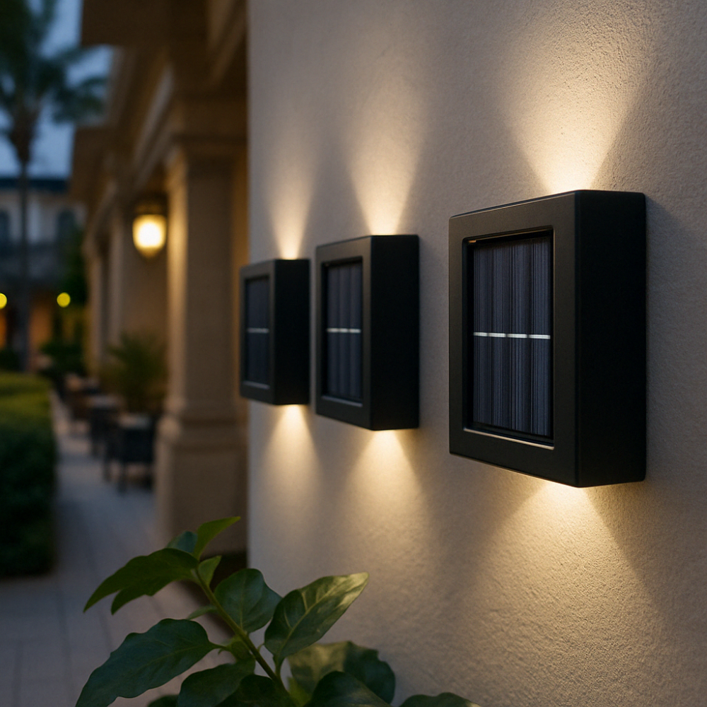 Elegant soldrevet LED-væglampe med varmhvidt lys, vejrbestandig til terrasse og havebelysning.