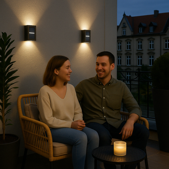 Elegant soldrevet LED-væglampe med varmhvidt lys, vejrbestandig til terrasse og havebelysning.