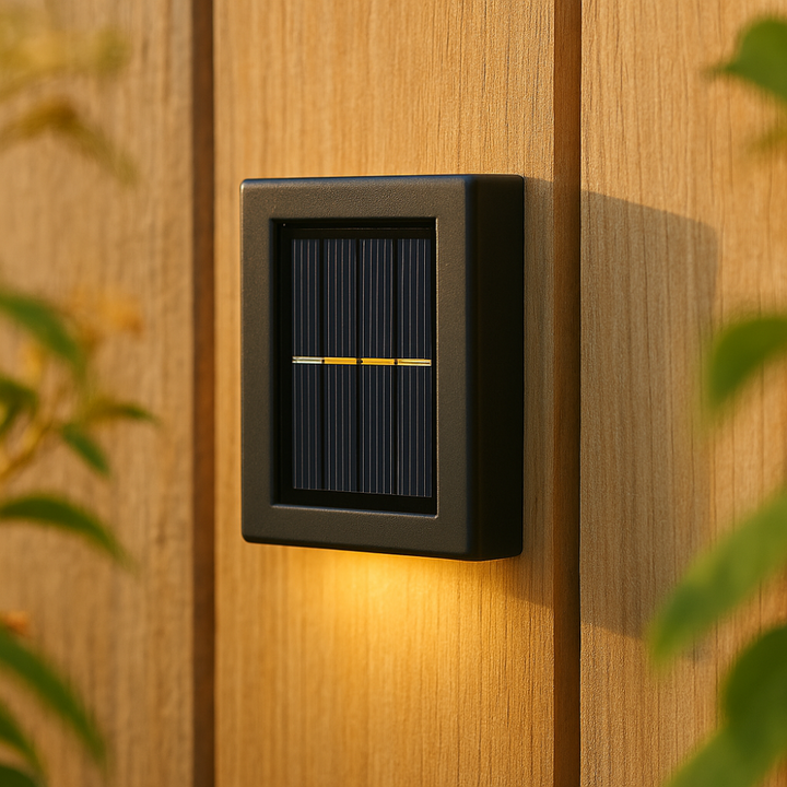 Elegant soldrevet LED-væglampe med varmhvidt lys, vejrbestandig til terrasse og havebelysning.