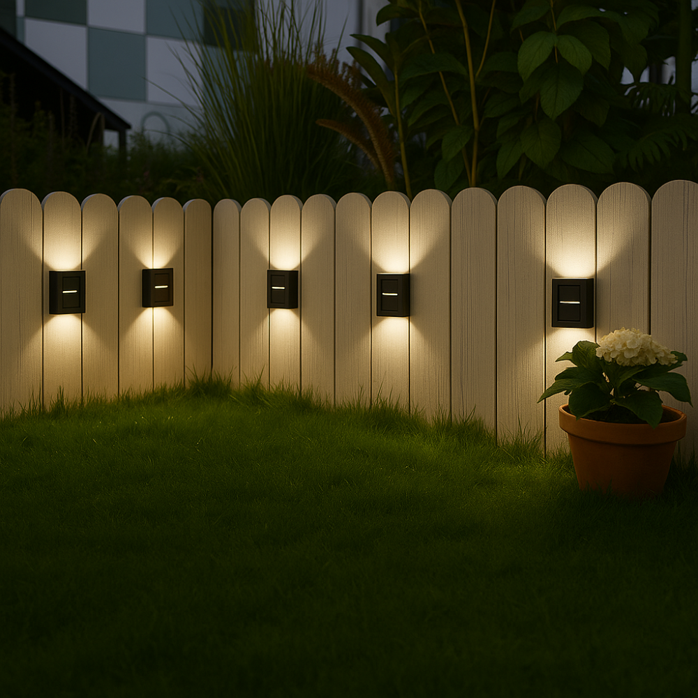 Elegant soldrevet LED-væglampe med varmhvidt lys, vejrbestandig til terrasse og havebelysning.
