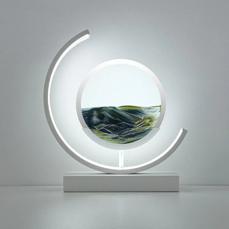 Elegant bordlampe med 3D sandkunst, varmt LED-lys og flydende sand, et perfekt design til stuer.