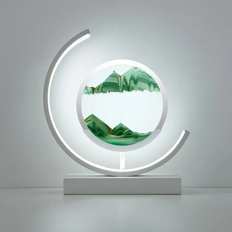 Elegant bordlampe med 3D sandkunst, varmt LED-lys og flydende sand, et perfekt design til stuer.