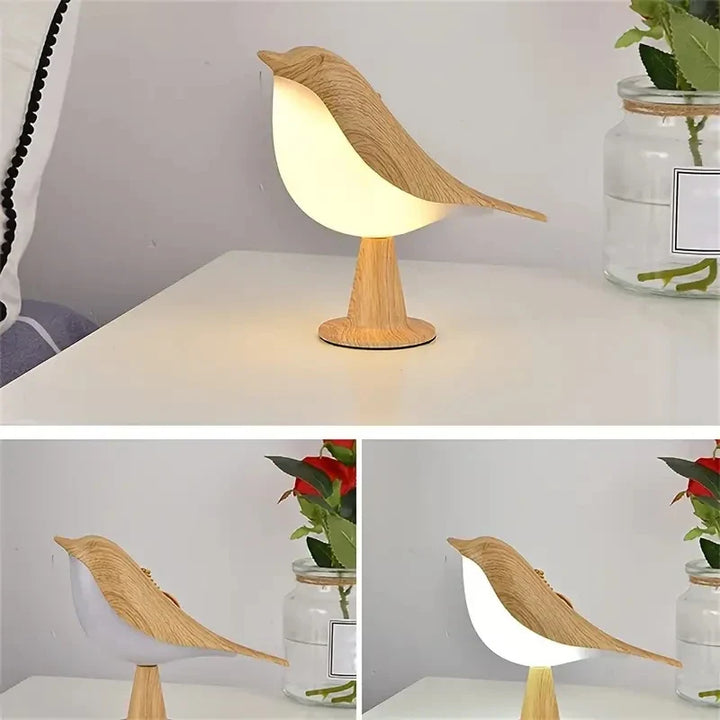 Elegant fugleformet lampe med tre LED-lysniveauer for fleksibel, energibesparende belysning og stilfuld atmosfære.