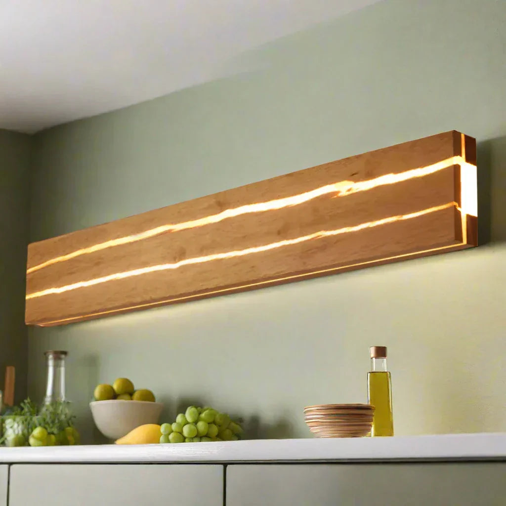 Elegant væglampe med naturligt trærevnemønster, LED og akryl; moderne design til boligindretning.