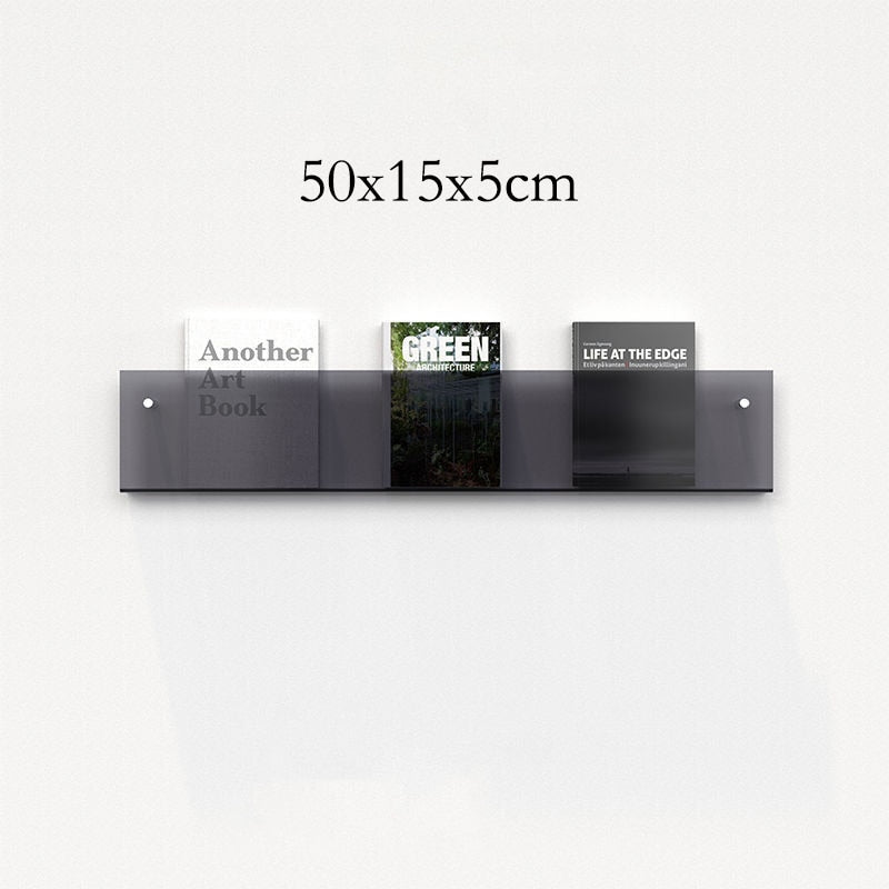 Eleganter Acryl-Magazinhalter für die Wand, schwebend, in verschiedenen Farben, ideal für moderne Wohn- und Büroräume.