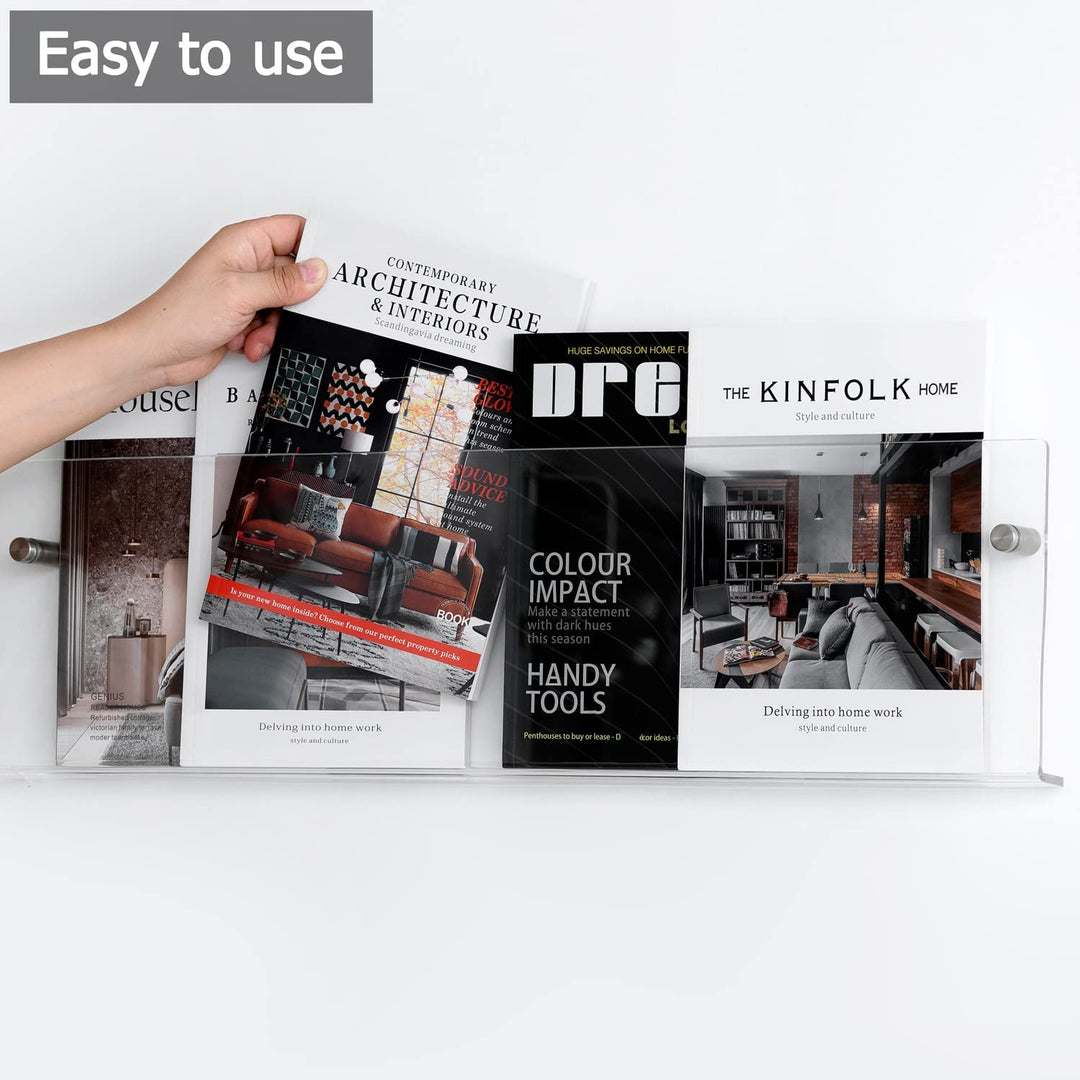 Eleganter Acryl-Magazinhalter für die Wand, schwebend, in verschiedenen Farben, ideal für moderne Wohn- und Büroräume.