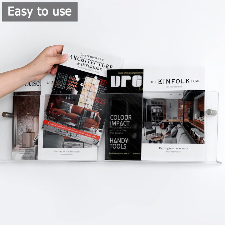 Eleganter Acryl-Magazinhalter für die Wand, schwebend, in verschiedenen Farben, ideal für moderne Wohn- und Büroräume.