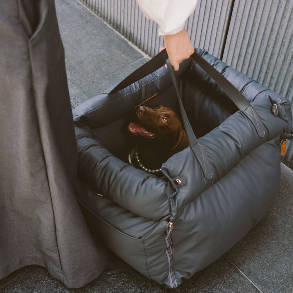 Elegant autostol i kunstlæder til hunde i sort, komfortabel med sikkerhedssele og polstring, stilfuld til rejser.