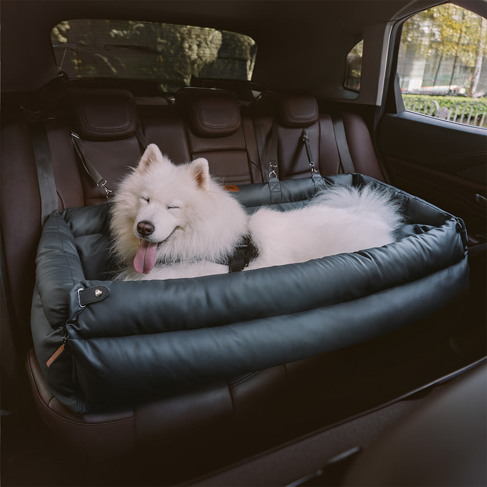 Elegant autostol i kunstlæder til hunde i sort, komfortabel med sikkerhedssele og polstring, stilfuld til rejser.