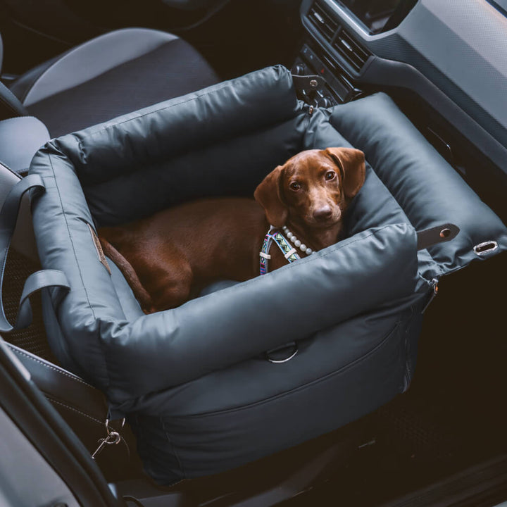 Eleganter Kunstleder-Hundeautositz in Schwarz, komfortabel mit Sicherheitsleinen und Polsterung, stilvoll für Reisen.