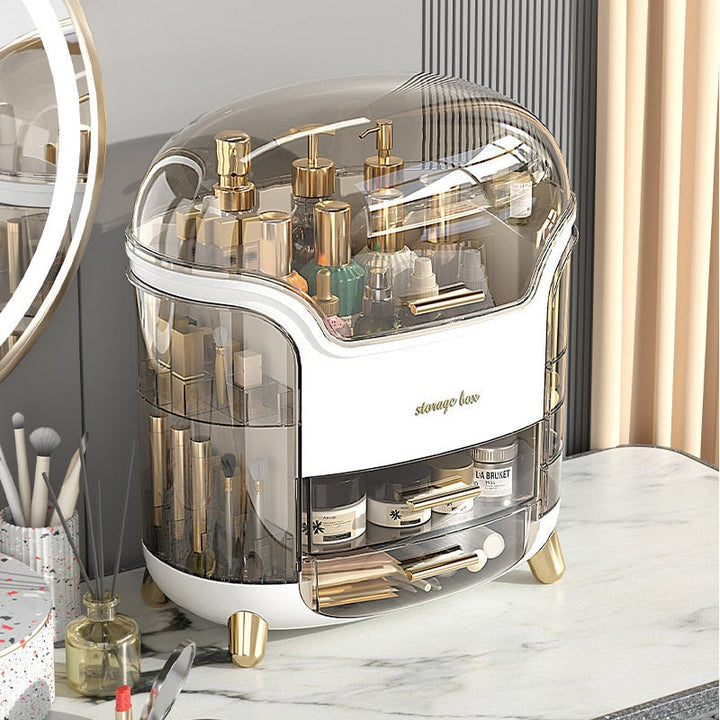 Elegant make-up organizer i transparent plast, støv- og vandtæt, til toiletbord, 25x15x10 cm.