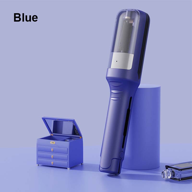 Elegant bærbar trådløs hårtrimmer med blåt lys, dobbeltklinger og ergonomisk design for præcis styling.