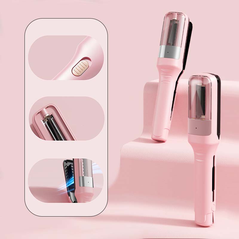 Elegant bærbar trådløs hårtrimmer med blåt lys, dobbeltklinger og ergonomisk design for præcis styling.