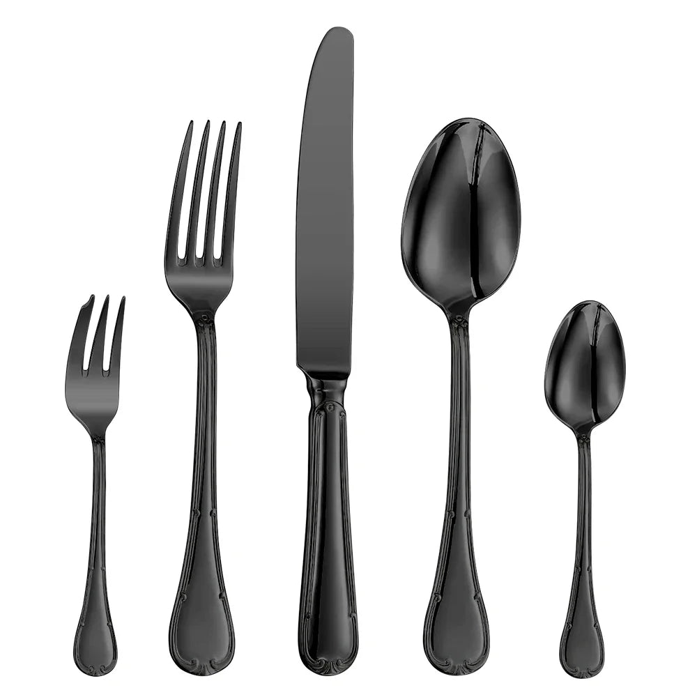 Elegant bestiksæt i rustfrit stål med glat, afrundet design. Perfekt til stilfulde middage og borddækning.