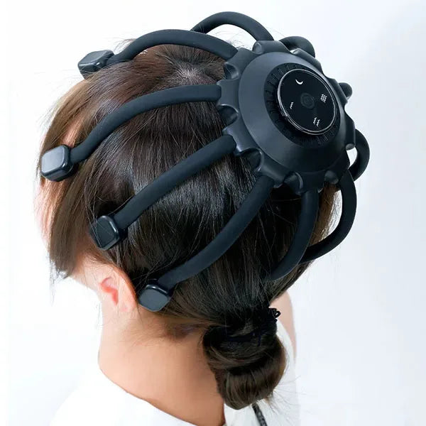 Elektrisk hovedmassager med 10 vibrerende hoveder, ergonomisk og fleksibel, til afslappende hovedbundsmassage.