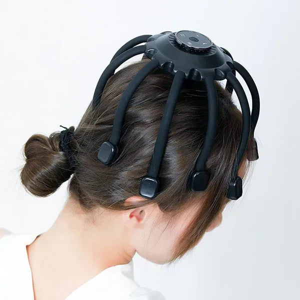Elektrisk hovedmassager med 10 vibrerende hoveder, ergonomisk og fleksibel, til afslappende hovedbundsmassage.