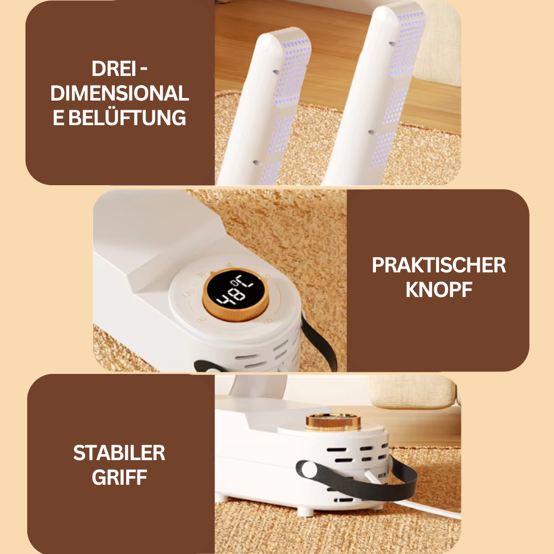 Elektrisk skotørrer i hvid, set fra siden, kompakt, effektiv mod fugt, ideel til alle skotyper.