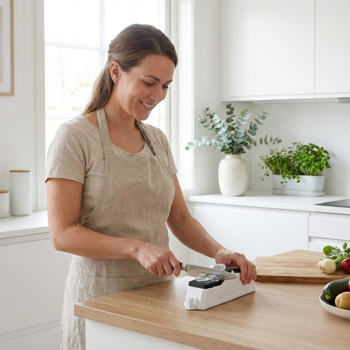 Hurtig elektrisk knivsliber i moderne design, sikrer optimal skarphed til alle køkkenknive.