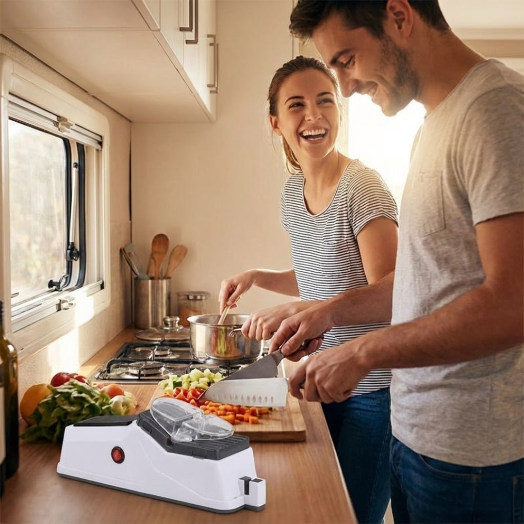 Ergonomisk elektrisk kniv- og saksesliber med flere slibespor for præcis og sikker slibning.