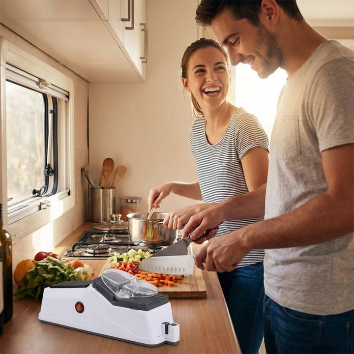 Ergonomisk elektrisk kniv- og saksesliber med flere slibespor for præcis og sikker slibning.