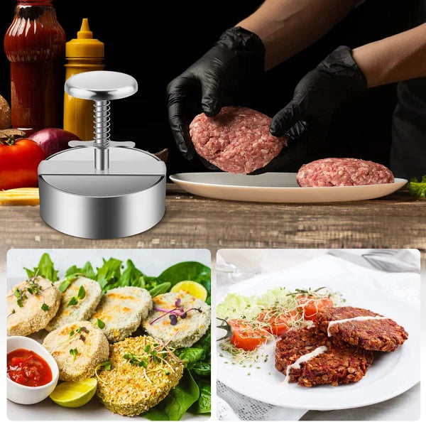 Ergonomisk hamburgerpresse i rustfrit stål, non-stick for perfekte, jævne burgere, nem at bruge.