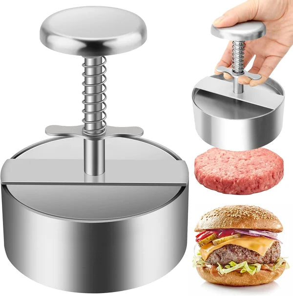 Ergonomisk hamburgerpresse i rustfrit stål, non-stick for perfekte, jævne burgere, nem at bruge.