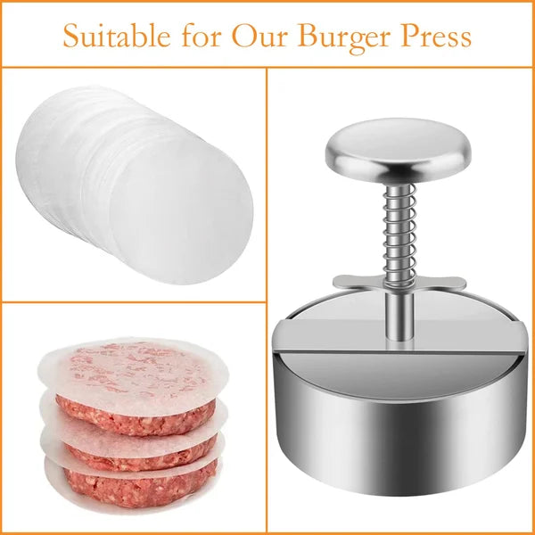 Ergonomisk hamburgerpresse i rustfrit stål, non-stick for perfekte, jævne burgere, nem at bruge.