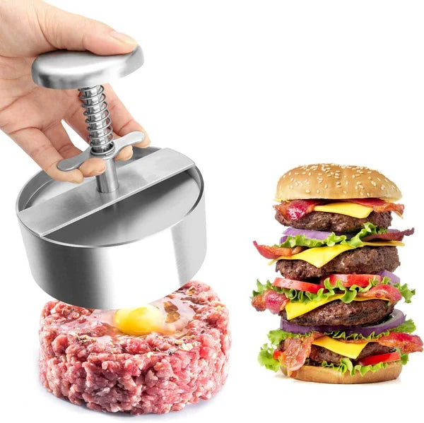 Ergonomisk hamburgerpresse i rustfrit stål, non-stick for perfekte, jævne burgere, nem at bruge.