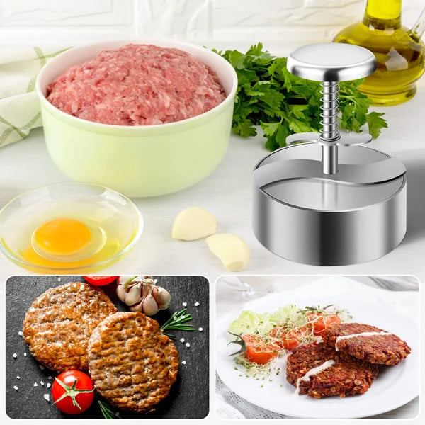 Ergonomisk hamburgerpresse i rustfrit stål, non-stick for perfekte, jævne burgere, nem at bruge.