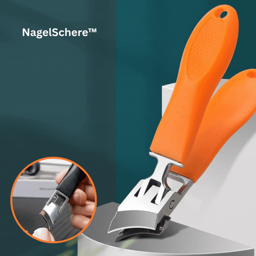 Ergonomisk neglesaks med skarpt blad, i sort og orange farver, til præcis og hygiejnisk negleklipning.
