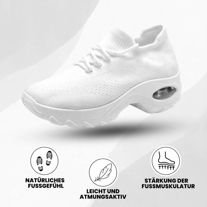 Ergonomiske Orthowalk sko i sort og hvid, tilbyder åndbar komfort og smertelindring for damer og herrer.
