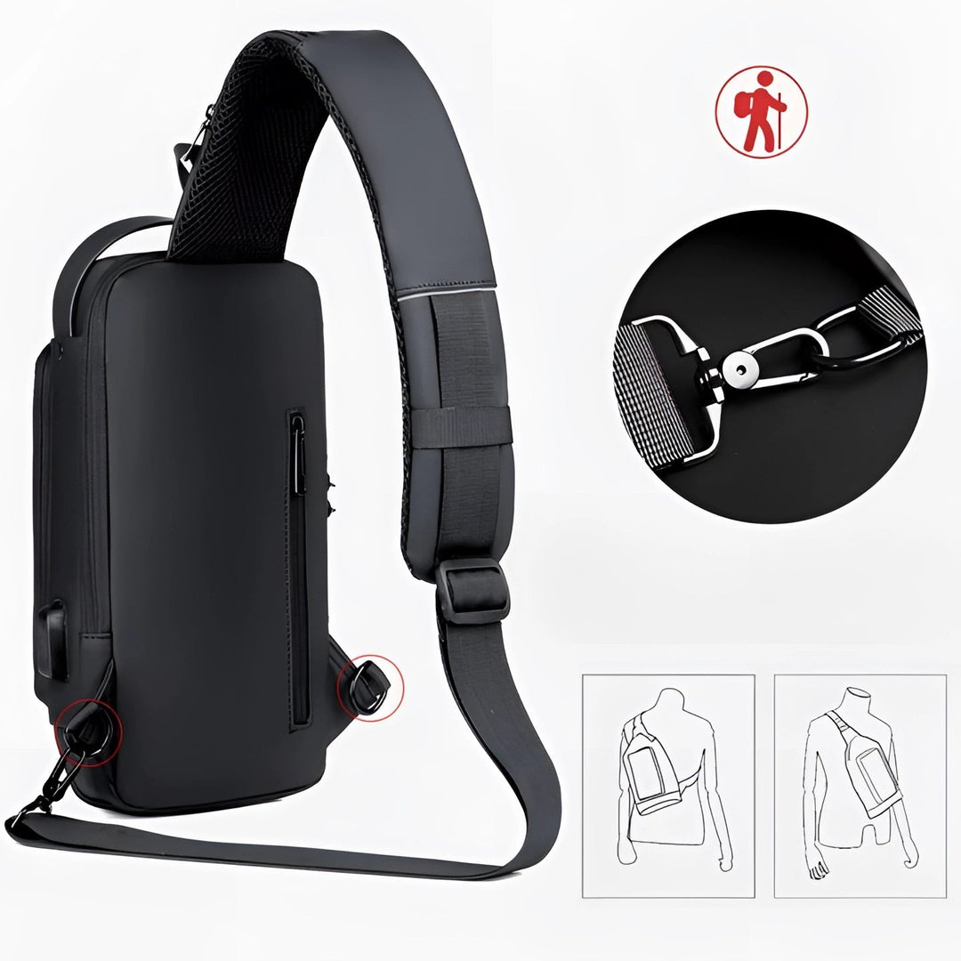 Ergonomisk USB rygsæk til mænd, anti-tyveri, vandtæt, til pendling/rejser, med USB-port, sort