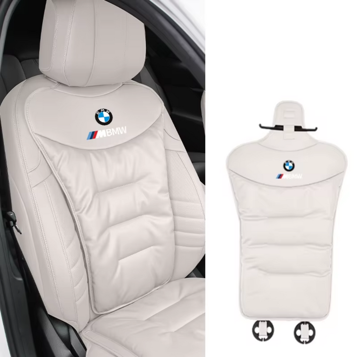 Ergonomisk bilsædehynde på et bilsæde, beige materiale for optimal ryglænsstøtte, ergonomisk formet.