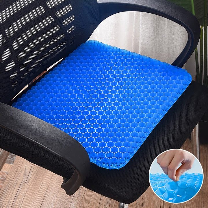 Ergonomisk gel siddepude med skridsikker underside og åndbart materiale, ideel til kontor- og bilsæder.