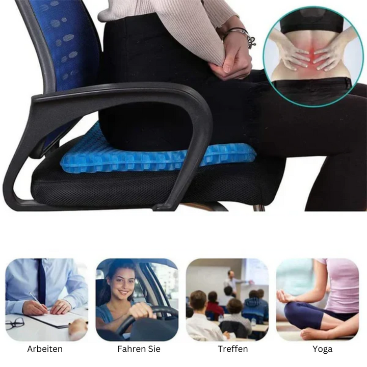 Ergonomisk gel siddepude med skridsikker underside og åndbart materiale, ideel til kontor- og bilsæder.