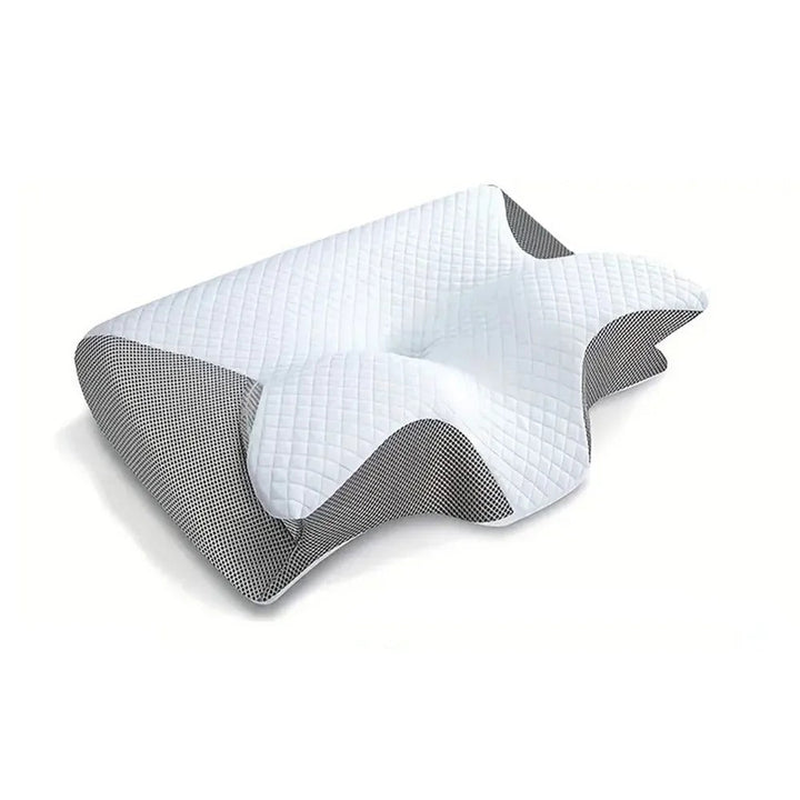 Ergonomisk nakkepude til smertelindring og dyb søvn. Optimal støtte for nakke og hoved, hvid-grå design.