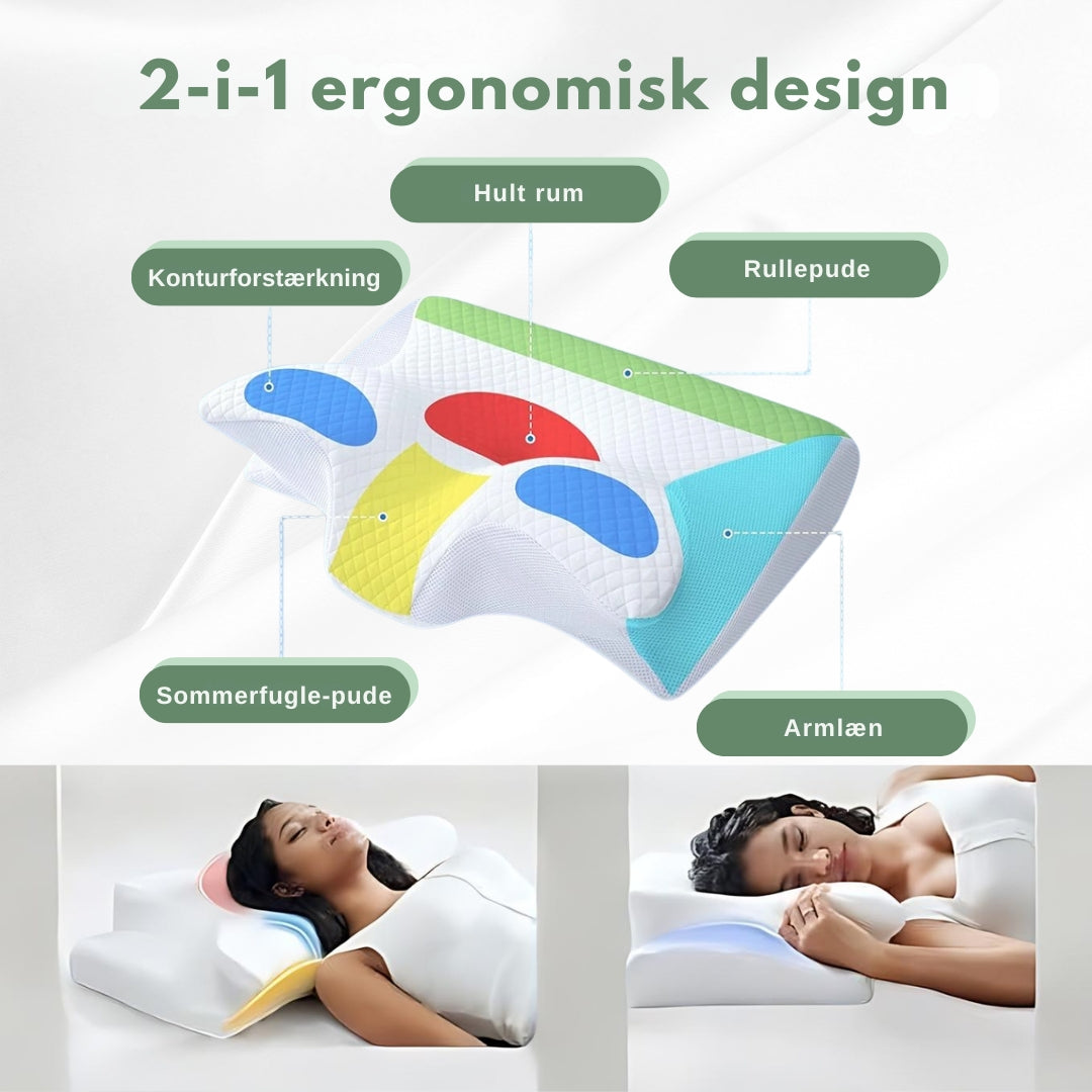 Hvid-sort ergonomisk nakkepude i et soveværelse. Giver dyb søvn og forebygger smerter i nakke og ryg.