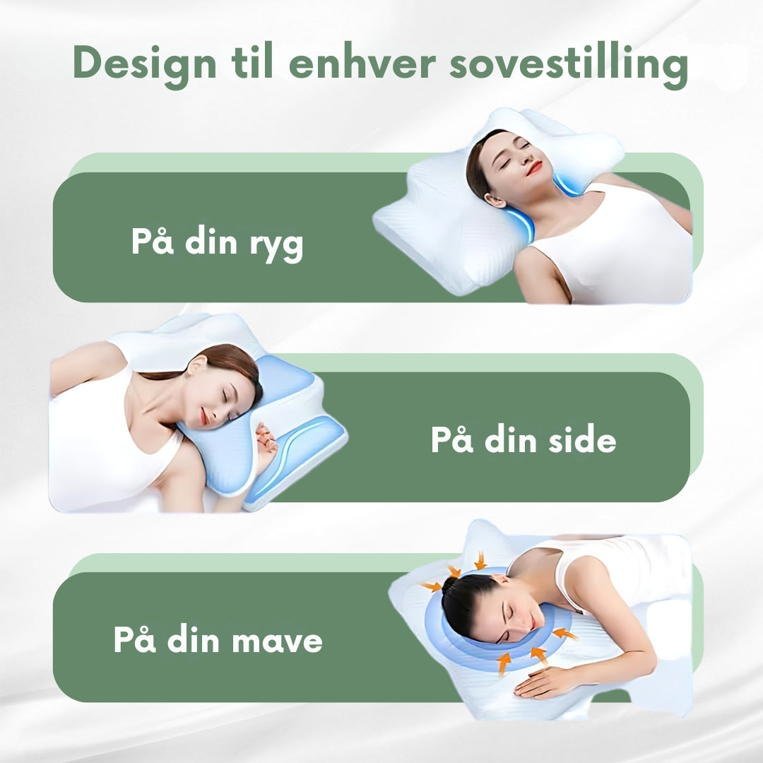 Kontureret ergonomisk pude for perfekt nakke- og hovedstøtte. Reducerer trykpunkter for effektiv smertelindring.