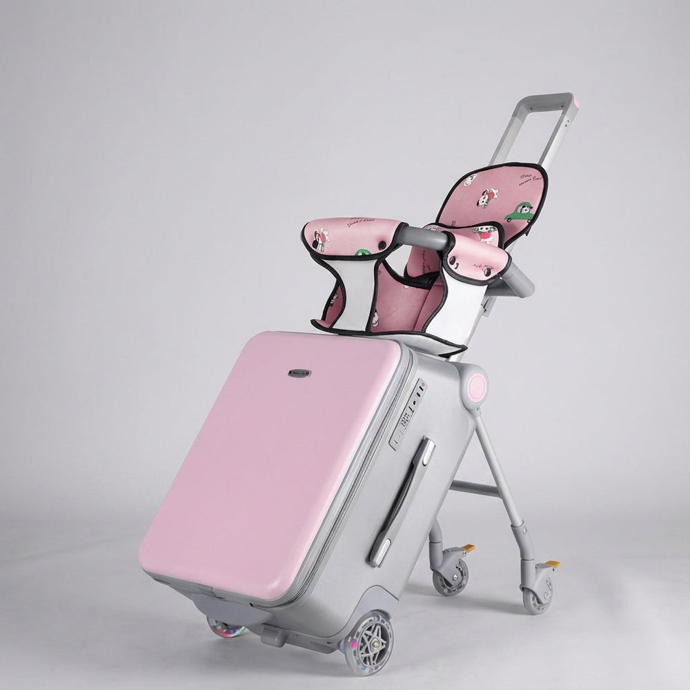 Praktisk RideBuddy børnekuffert med hjul, der fungerer som ride-on legetøj, perfekt til familieferier.